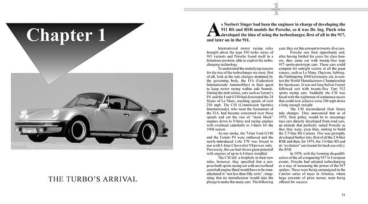 Chapter 1 of the definitive Porsche 930 history — "The Turbo's Arrival." Dr. Ing. Piech applied turbocharging technology first to the 917 Can-Am racer, then to the road car. The FIA's stock-block rule changes made it inevitable.